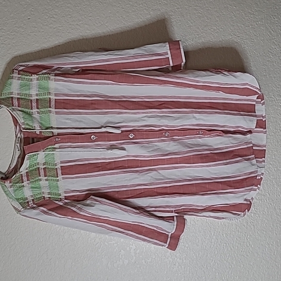 WOOLRICH Dark Pink White Striped Green Embroidered Top organic cotton Medium - Picture 3 of 8